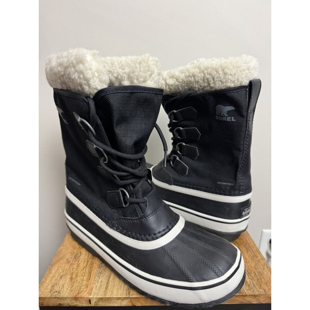 Sorel Caribou Waterproof Boots Size 9 Black White Insulated Lace Up Cold Womens